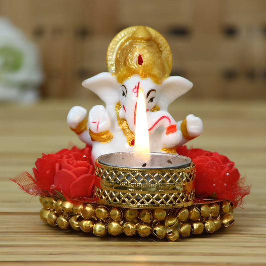 Elegant Lord Ganesha Idol on Decorative Plate with Tea Light Holder