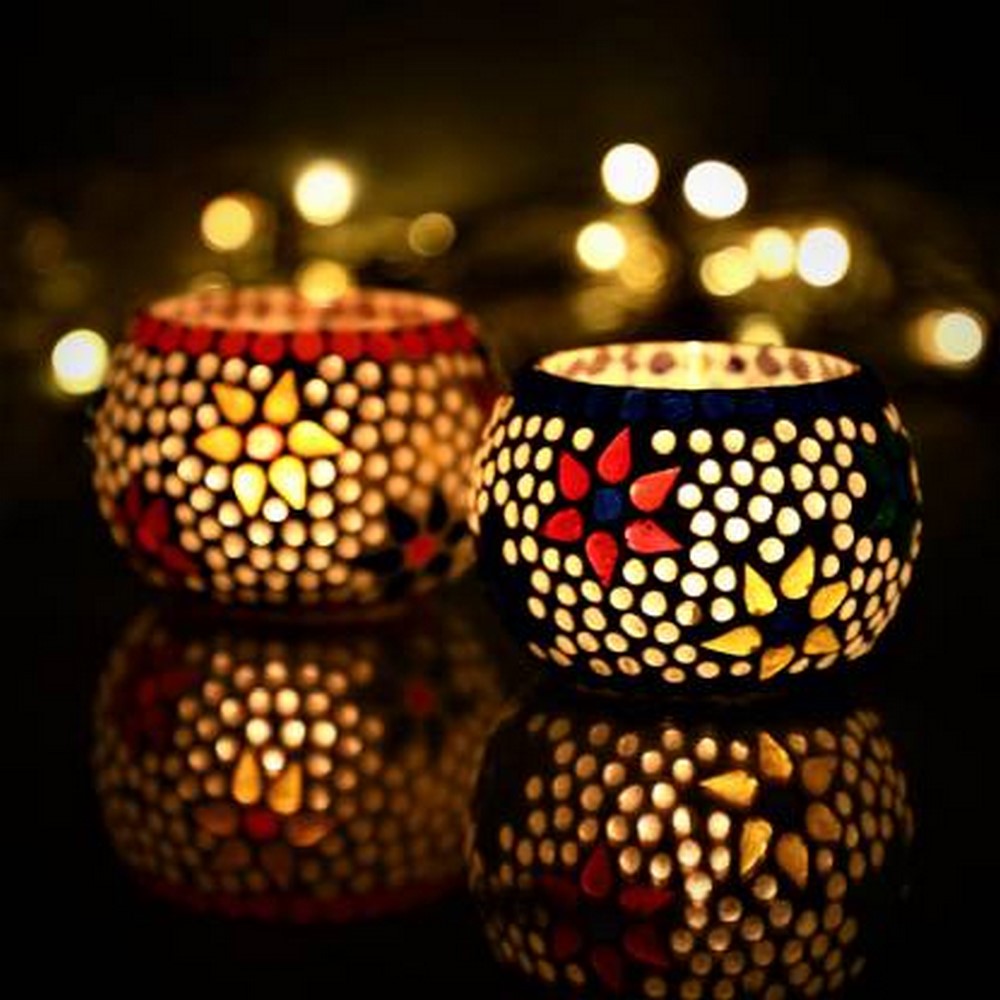 Set of 2 Mosaic Glass Decorative Tea Light Holder