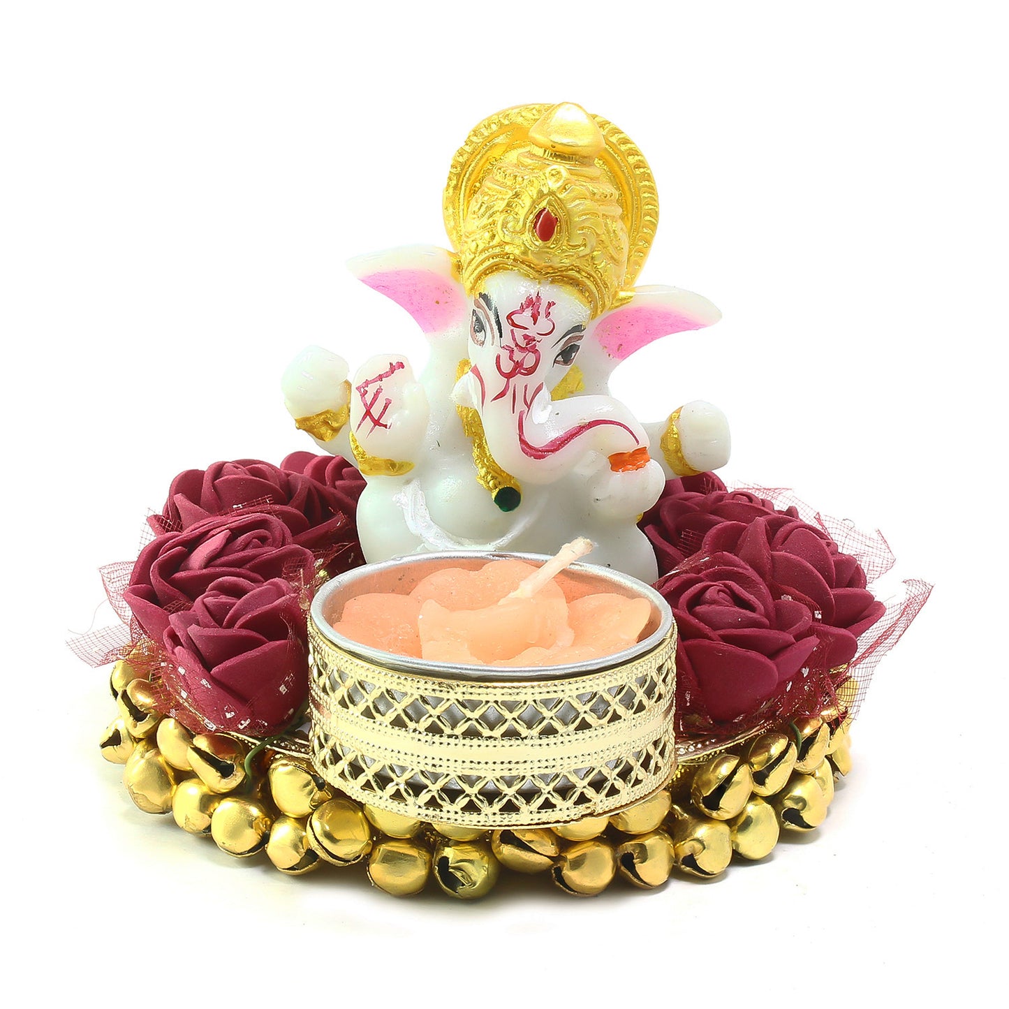 Elegant Lord Ganesha Idol on Decorative Plate with Tea Light Holder